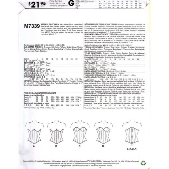 McCalls Costume M7339 Misses 6 to 14 Yaya Han Corset Uncut Sewing Pattern New - Picture 2 of 2